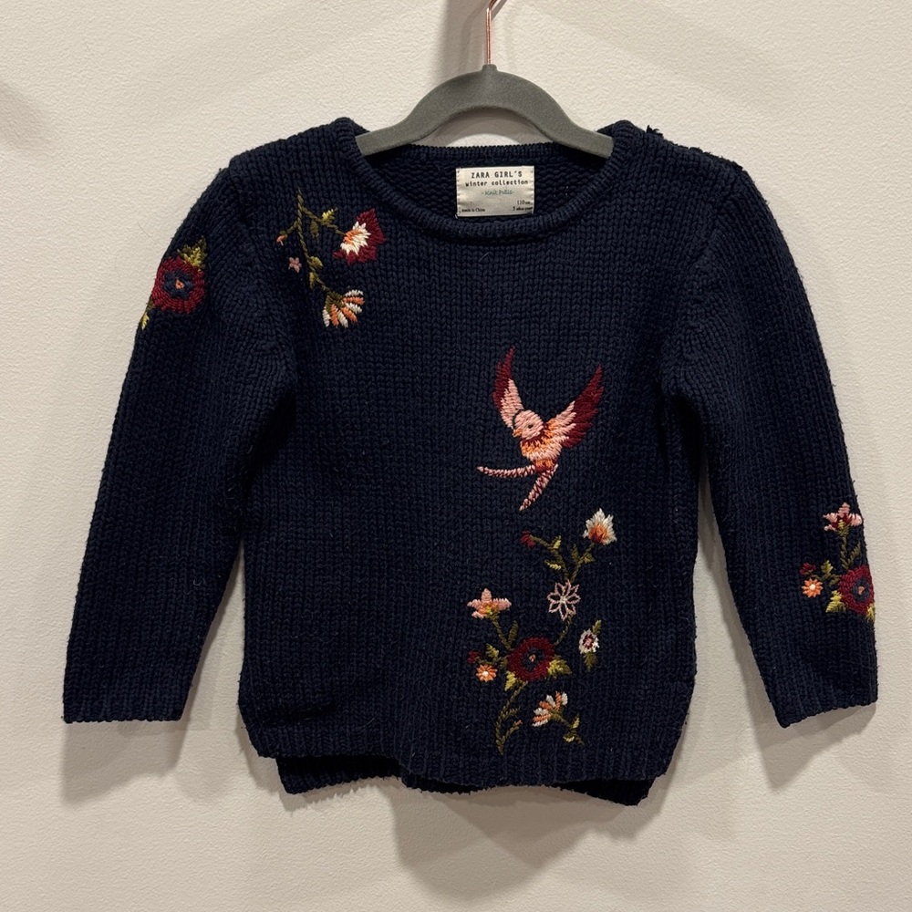 Zara Kids Navy Knit Sweater with Embroidered Accents